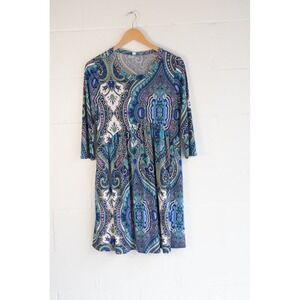 Honeyme Blue Paisley‎ Empire Waist 3/4 Sleeve Jersey Knit Dress LUPE